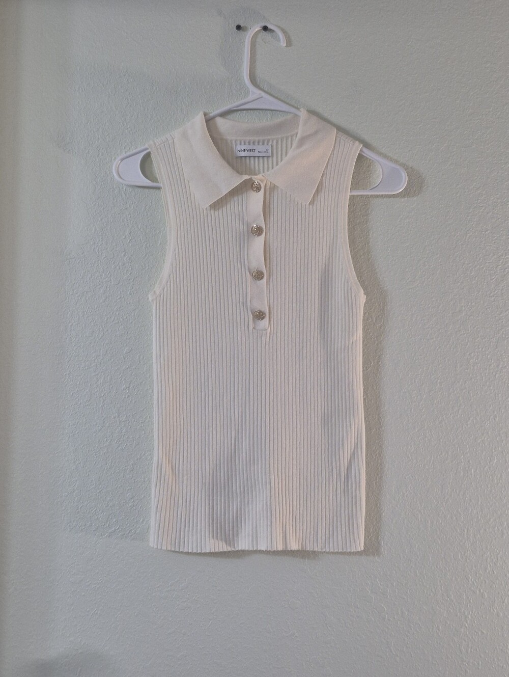 Nine West Cream Ribbed Sleeveless Polo Tank with Button Placket